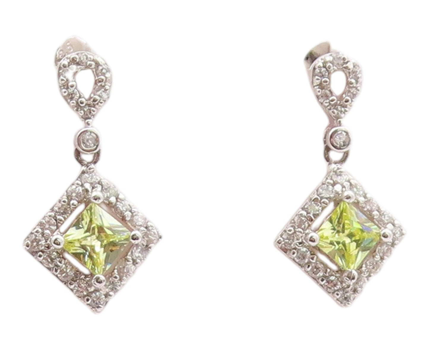 925 Sterling Silver Vintage Earrings Peridot & Halo CZ Geometric Drop  EG14366