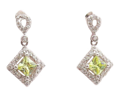 925 Sterling Silver Vintage Earrings Peridot & Halo CZ Geometric Drop  EG14366