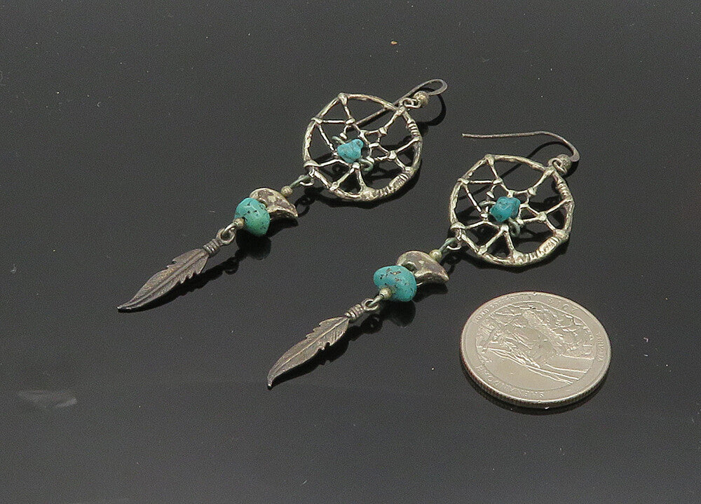 NAVAJO 925 Silver  Vintage Turquoise Dream Catcher Dangle Earrings  EG10366