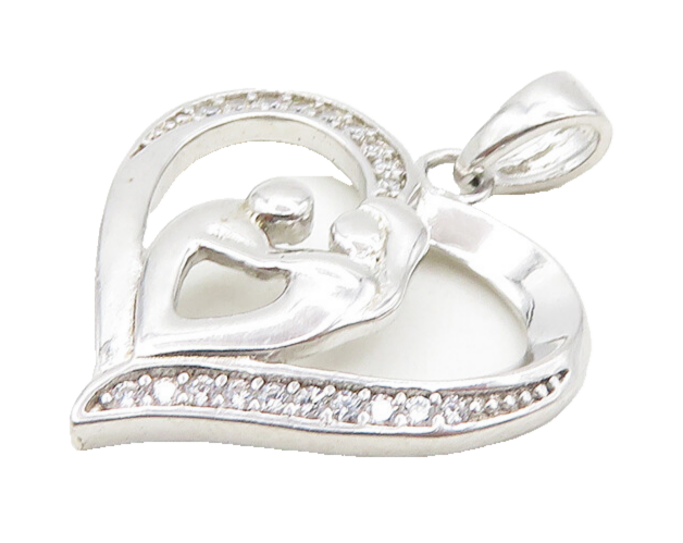 925 Sterling Silver  Cubic Zirconia Mom & Baby Love Heart Pendant  PT15158