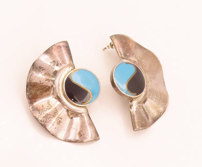 MEXICO 925 Silver Vintage Enamel Circle With Swirl Wing Earrings EG12472
