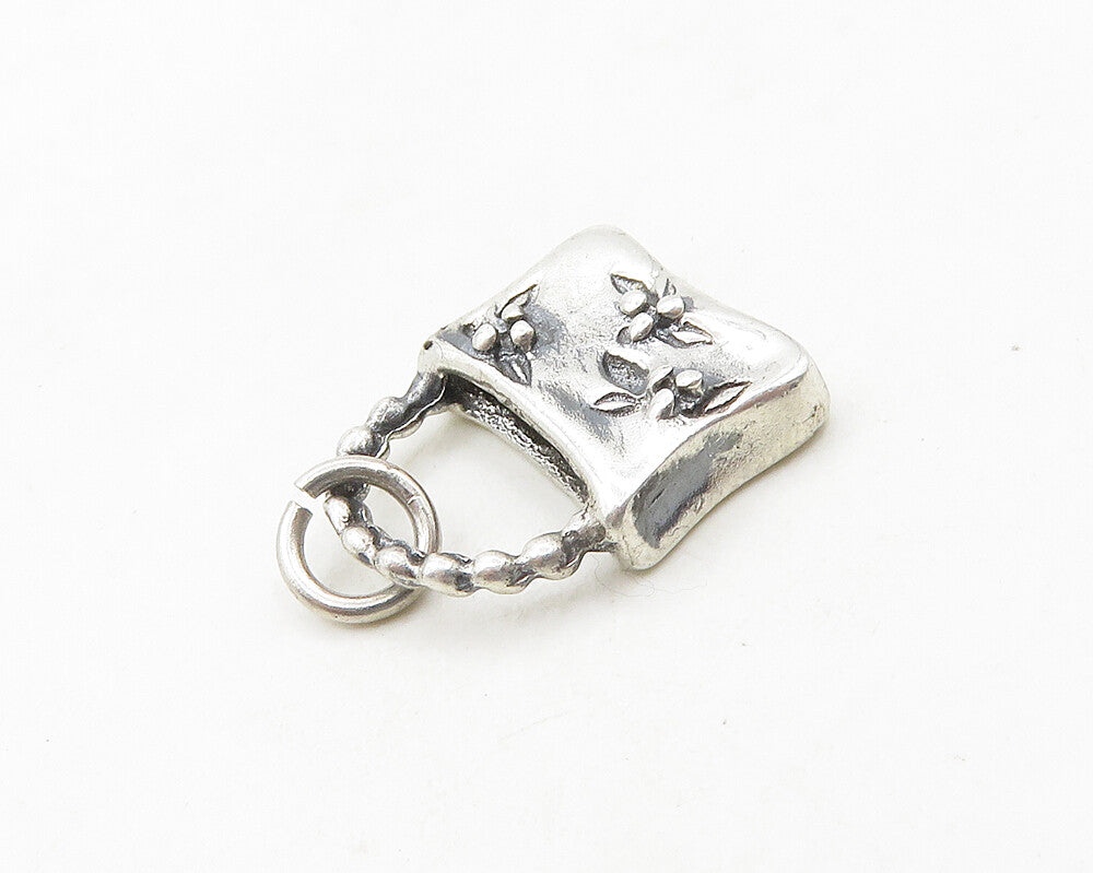 925 Sterling Silver  Vintage Shiny Petite Floral Purse Motif Pendant  PT15120