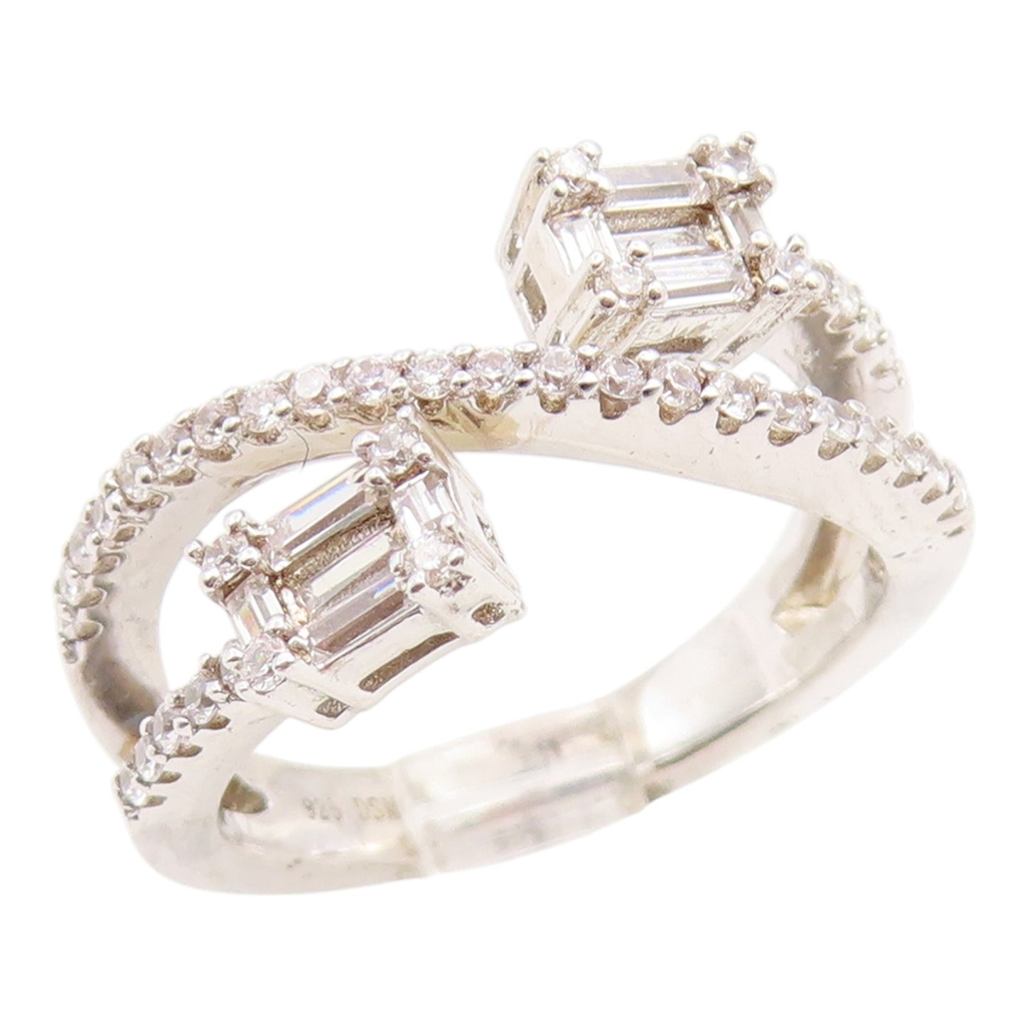 925 Sterling Silver Vintage Ring Round & Baguette Cut CZ Bypass  Sz 7  RG35927
