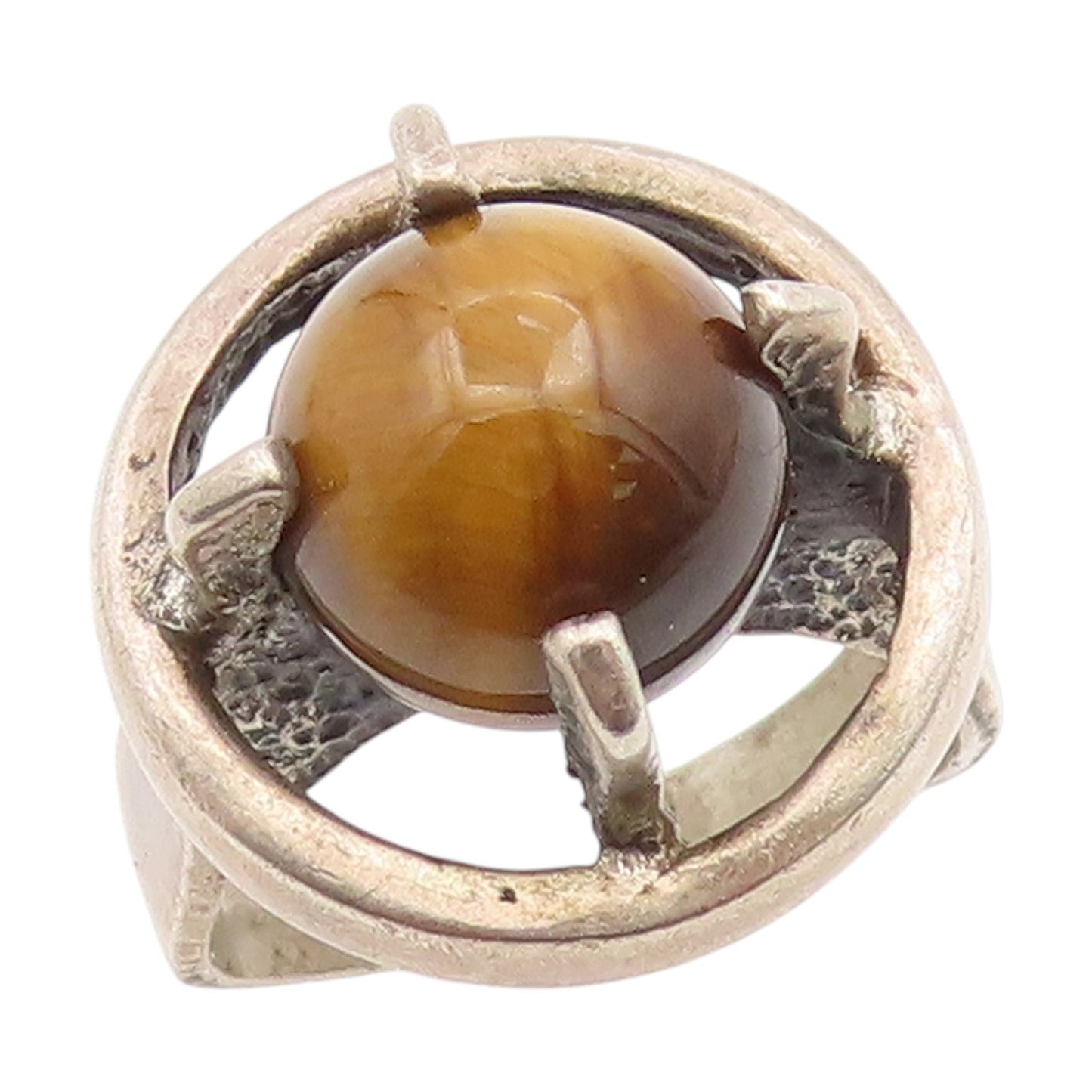 925 Sterling Silver Vintage Ring Round Tiger's Eye Modernist Band  Sz 6  RG34872