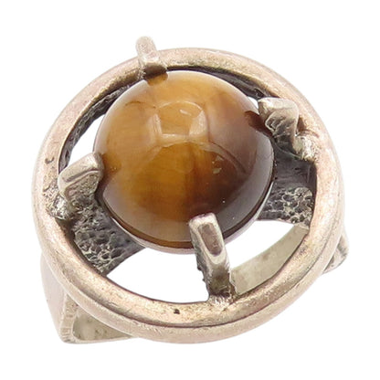 925 Sterling Silver Vintage Ring Round Tiger's Eye Modernist Band  Sz 6  RG34872