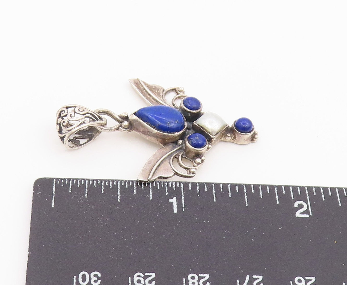 925 Sterling Silver Vintage Pendant Lapis Lazuli & Pearl Angel Wing  PT26427