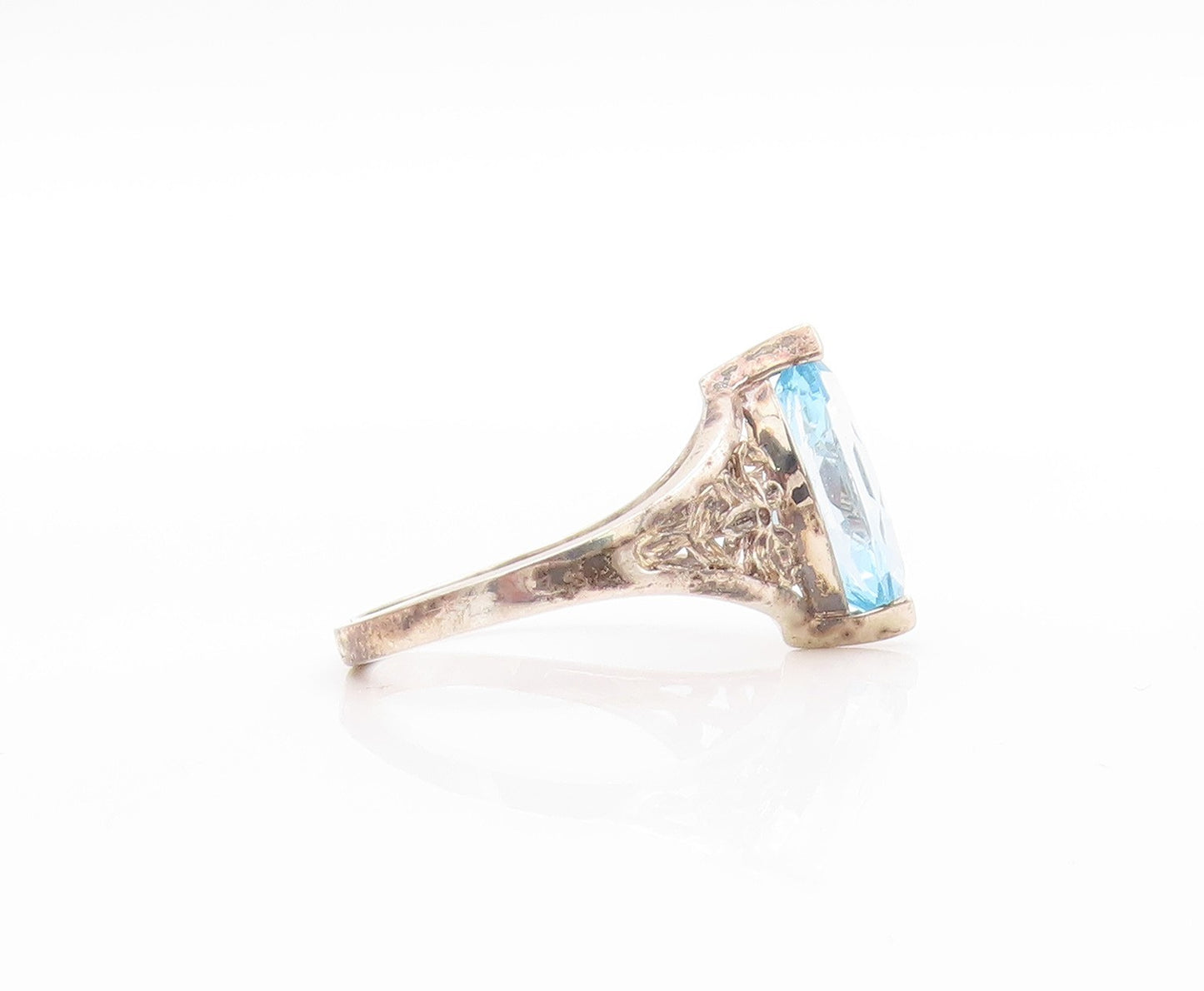 925 Sterling Silver Vintage Ring Marquise Topaz Flowers Cutout  Sz 10  RG32754