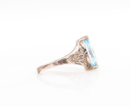 925 Sterling Silver Vintage Ring Marquise Topaz Flowers Cutout  Sz 10  RG32754