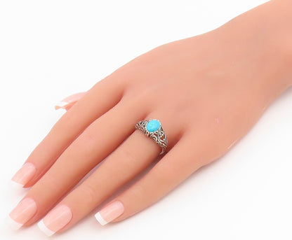 925 Sterling Silver Vintage Ring Cabochon Turquoise Openwork Band  Sz 7  RG36675