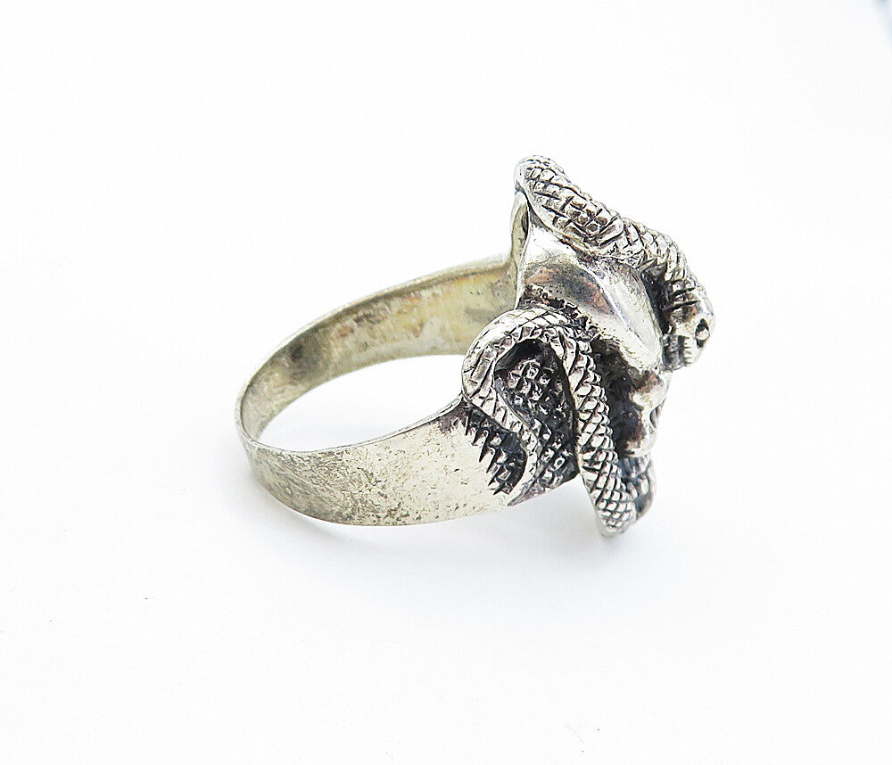 925 Sterling Silver  Vintage Snake & Skull Head Shiny Band Ring Sz 9.5  RG7453