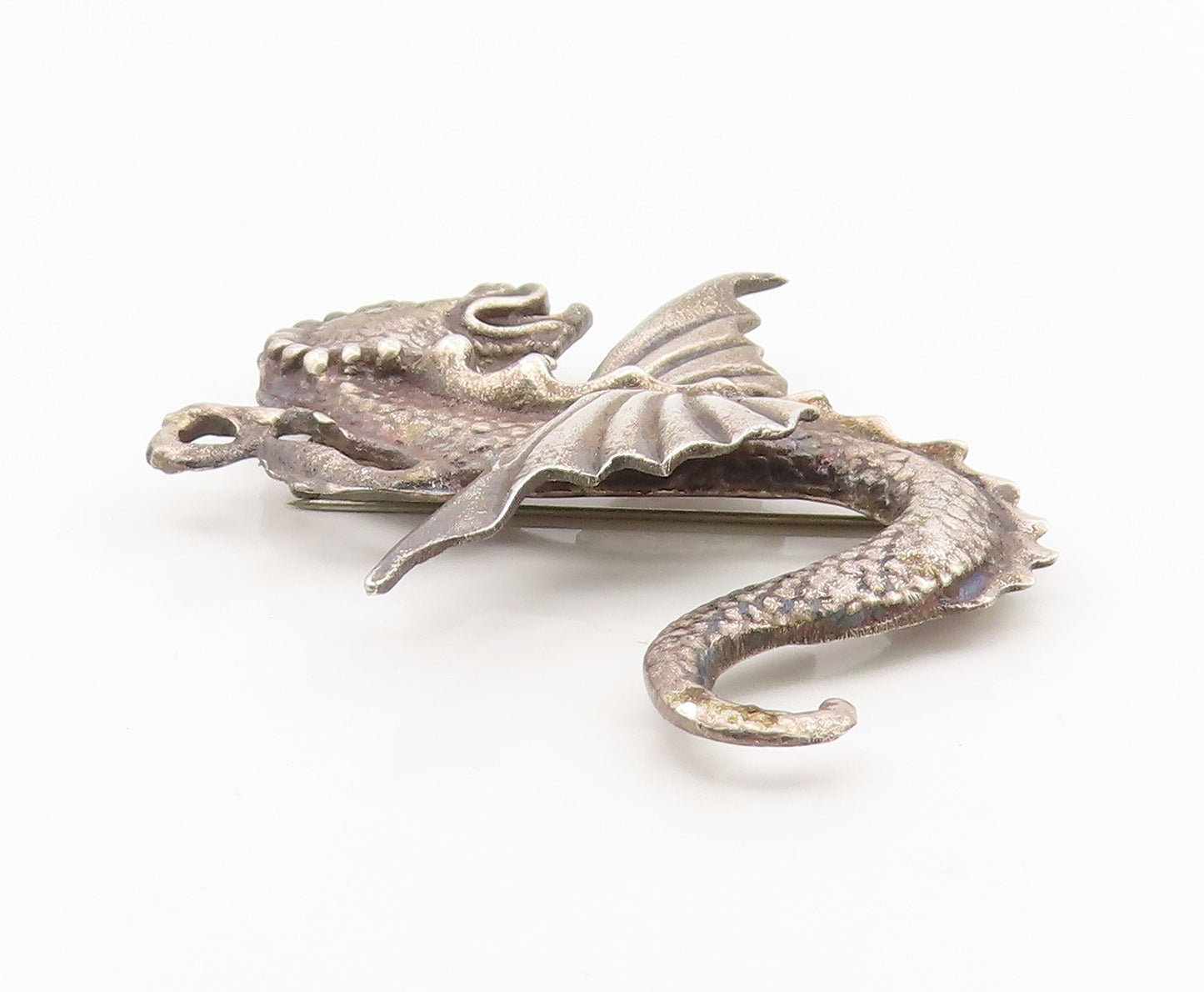 925 Sterling Silver Vintage Brooch Antique Etched Flying Dragon Pin  BP12115