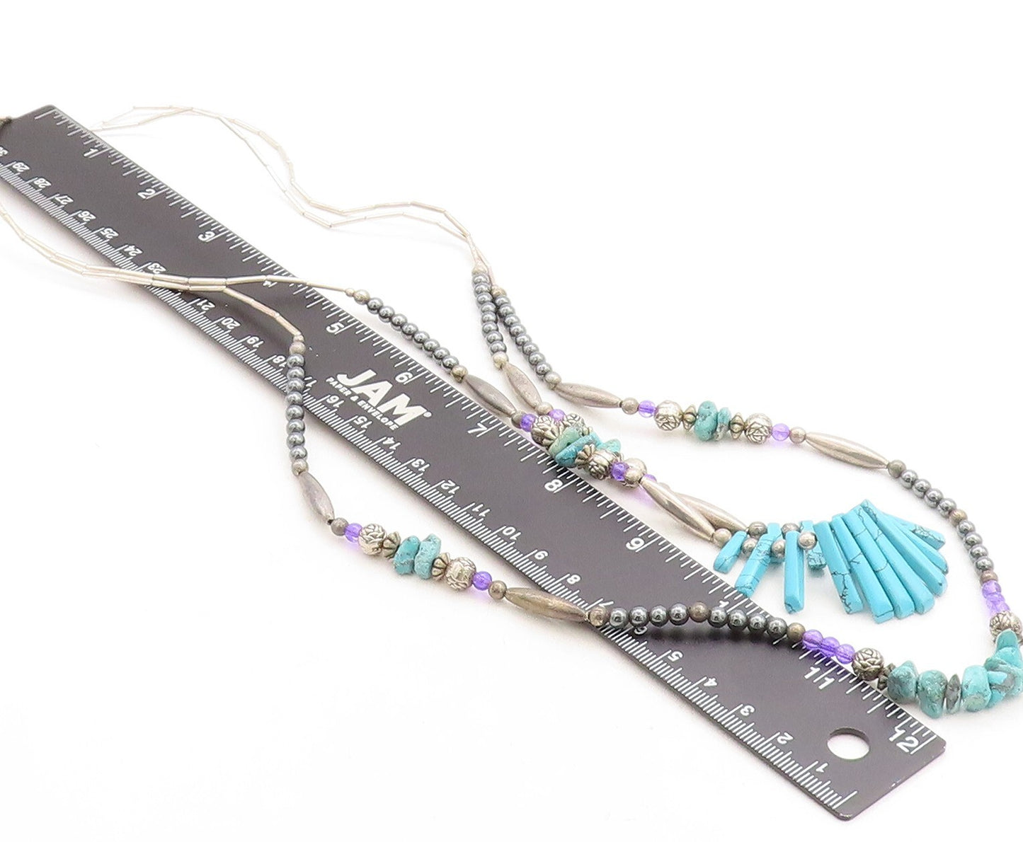 SOUTHWESTERN 925 Silver Vintage Turquoise & Hematite Chain Necklace NE1418