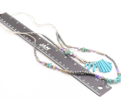 SOUTHWESTERN 925 Silver Vintage Turquoise & Hematite Chain Necklace NE1418
