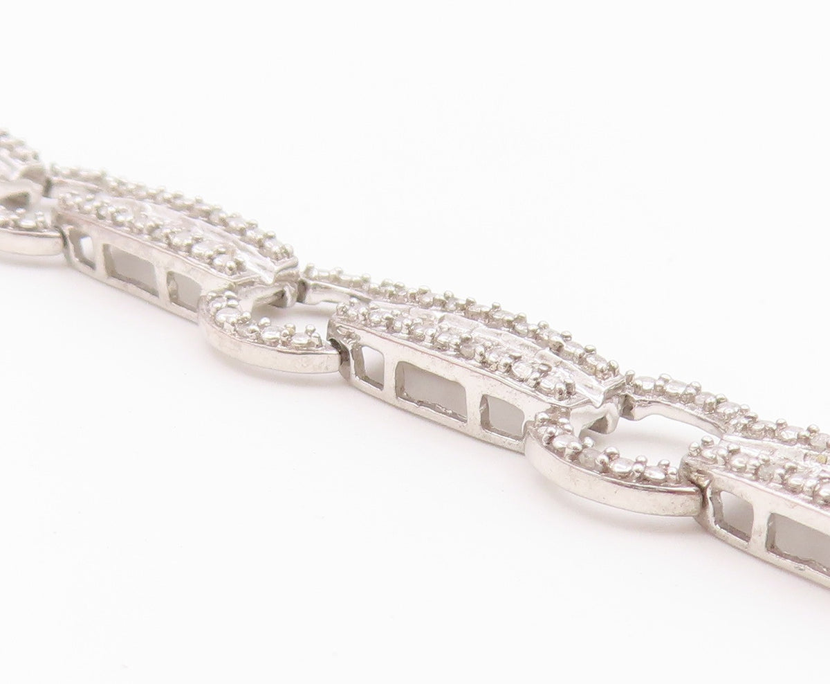 925 Sterling Silver Vintage Bracelet Real Diamonds Geometric Link Chain  BT12176