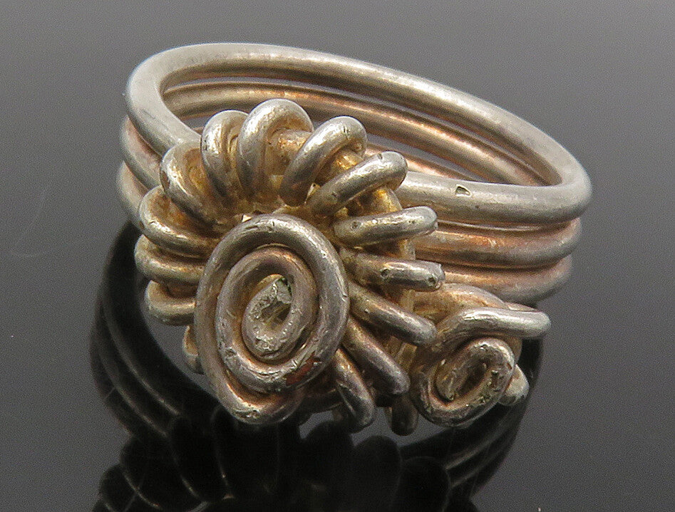 925 Sterling Silver  Vintage Twist Flower Motif Ribbed Band Ring Sz 7  RG14350
