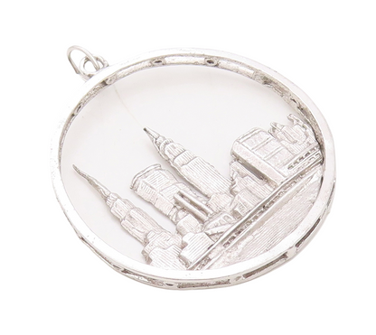 925 Sterling Silver Vintage Pendant Round Framed Cutout NYC Skyline  PT23574