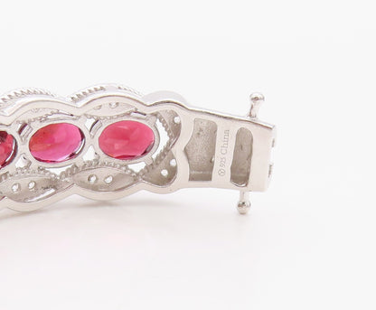 925 Sterling Silver Vintage Bracelet Oval Ruby & CZ Triple Row Bangle  BT11393
