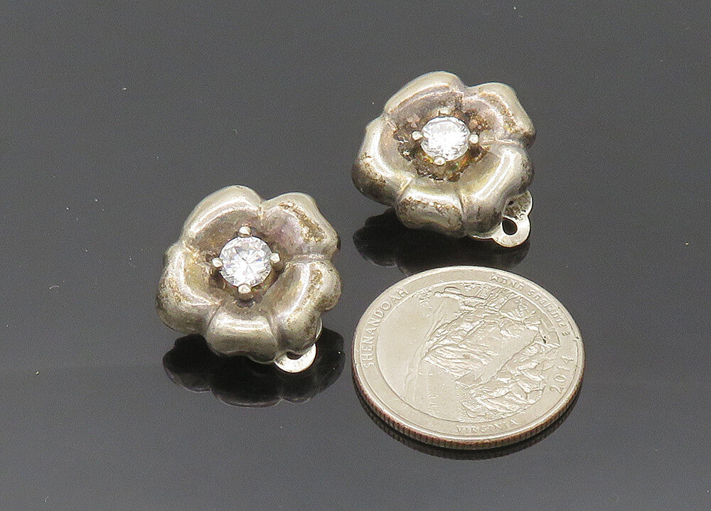 925 Sterling Silver  Vintage Cubic Zirconia Floral Non Pierce Earrings EG10356