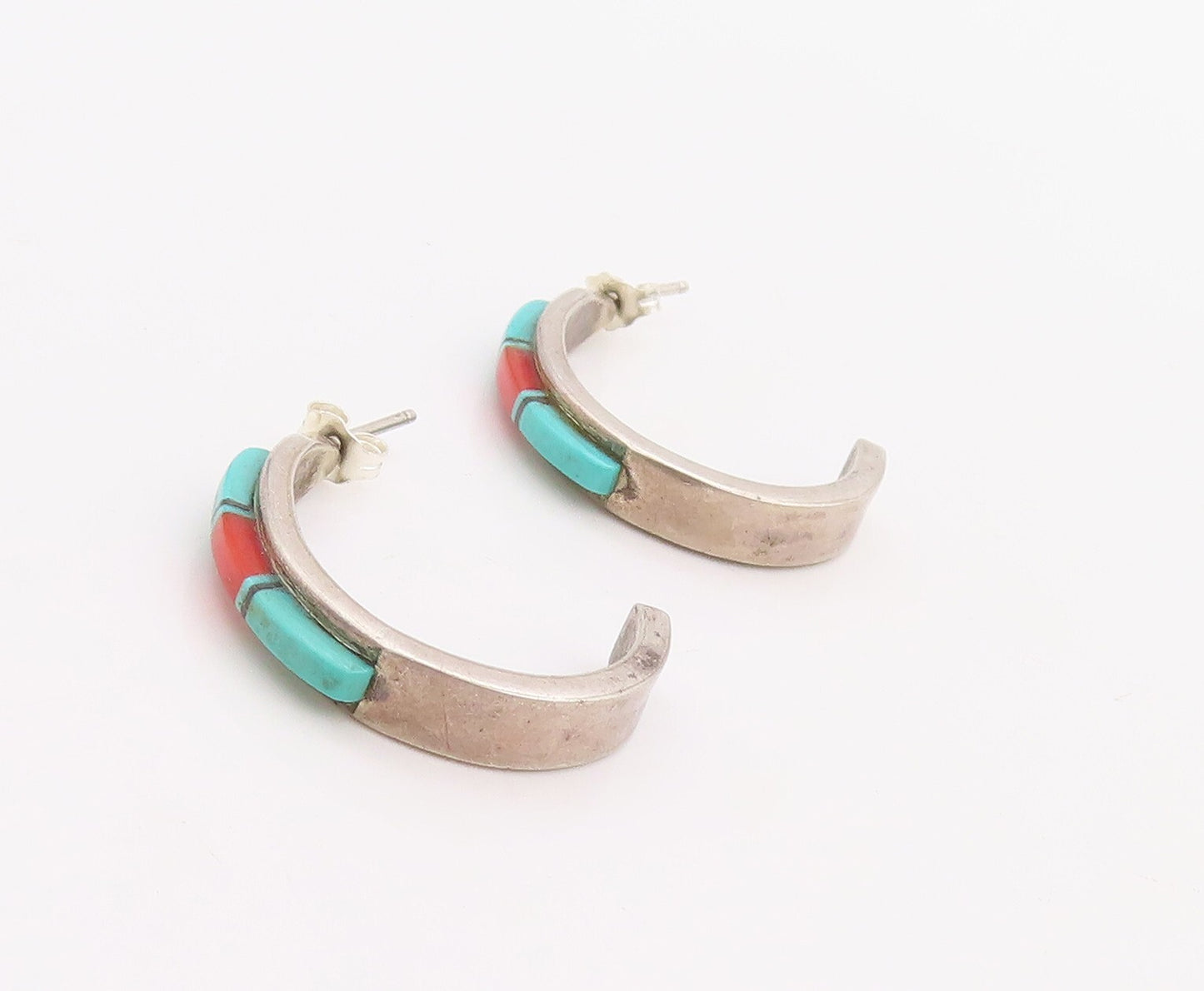 925 Sterling Silver Vintage Earrings NAVAJO ZUNI Turquoise Open Hoops  EG13184