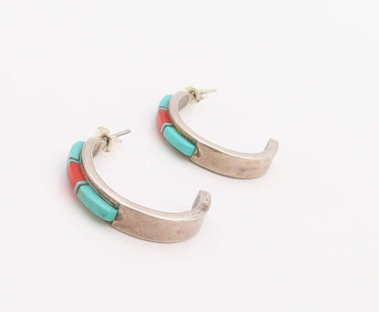 925 Sterling Silver Vintage Earrings NAVAJO ZUNI Turquoise Open Hoops  EG13184