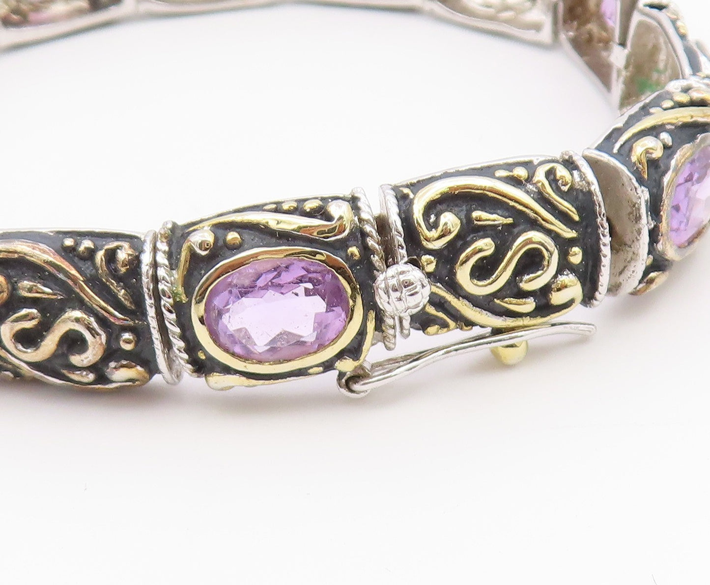 925 Sterling Silver  Vintage Amethyst Two Tone Swirl Chain Bracelet  BT8484