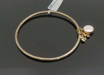 925 Silver & 14K GOLD  Vintage Shiny Pearls & Charms Bangle Bracelet  BT8084