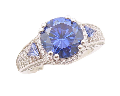925 Sterling Silver Vintage Ring Designer Sapphire & CZ Inlay  Sz 7.5  RG30216