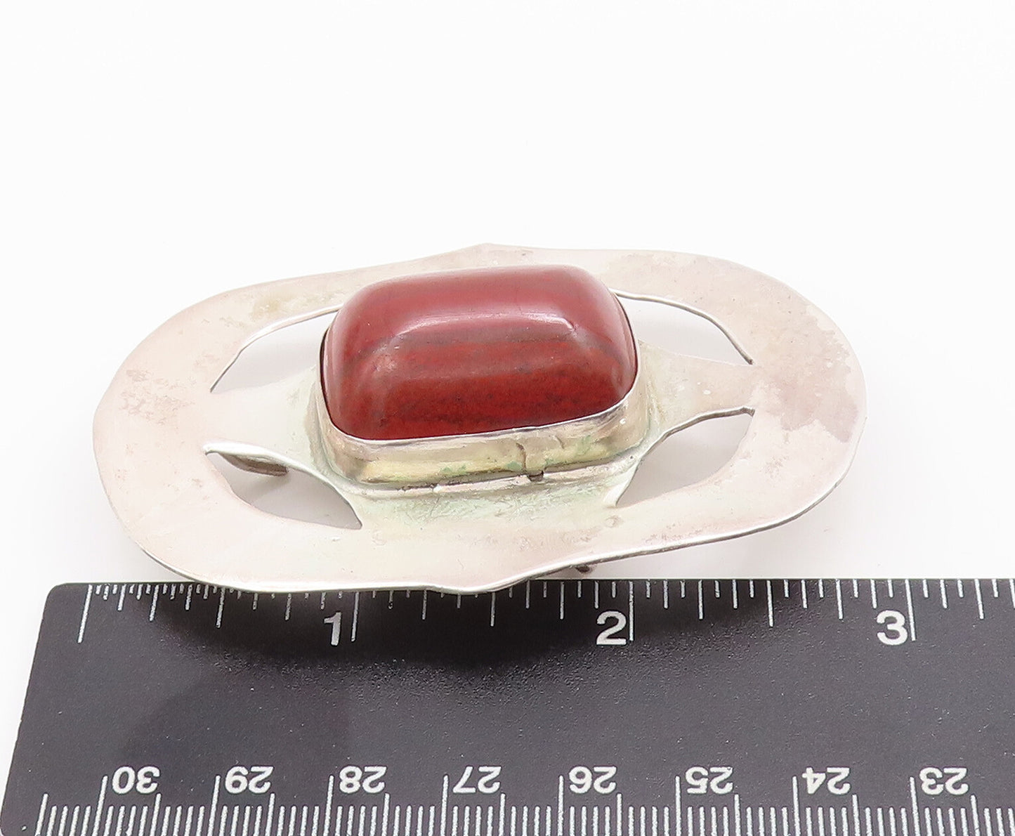 925 Sterling Silver Vintage Belt Buckle Carved Red Cabochon Gemstone  TR3765