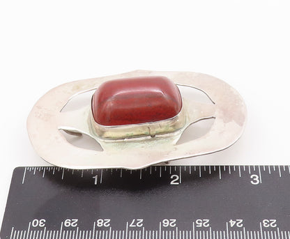 925 Sterling Silver Vintage Belt Buckle Carved Red Cabochon Gemstone  TR3765