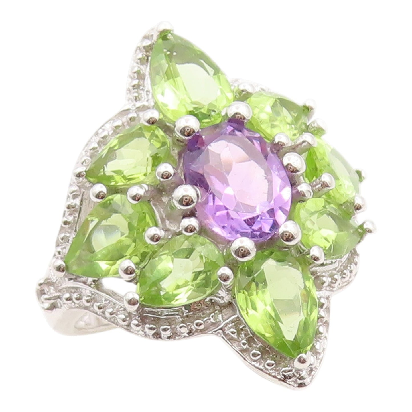 925 Sterling Silver Vintage Ring Amethyst & Peridot Floral Band  Sz 7.5  RG36164