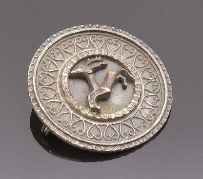 925 Sterling Silver Vintage Brooch Pin Round Carved Running Reindeer  BP10730