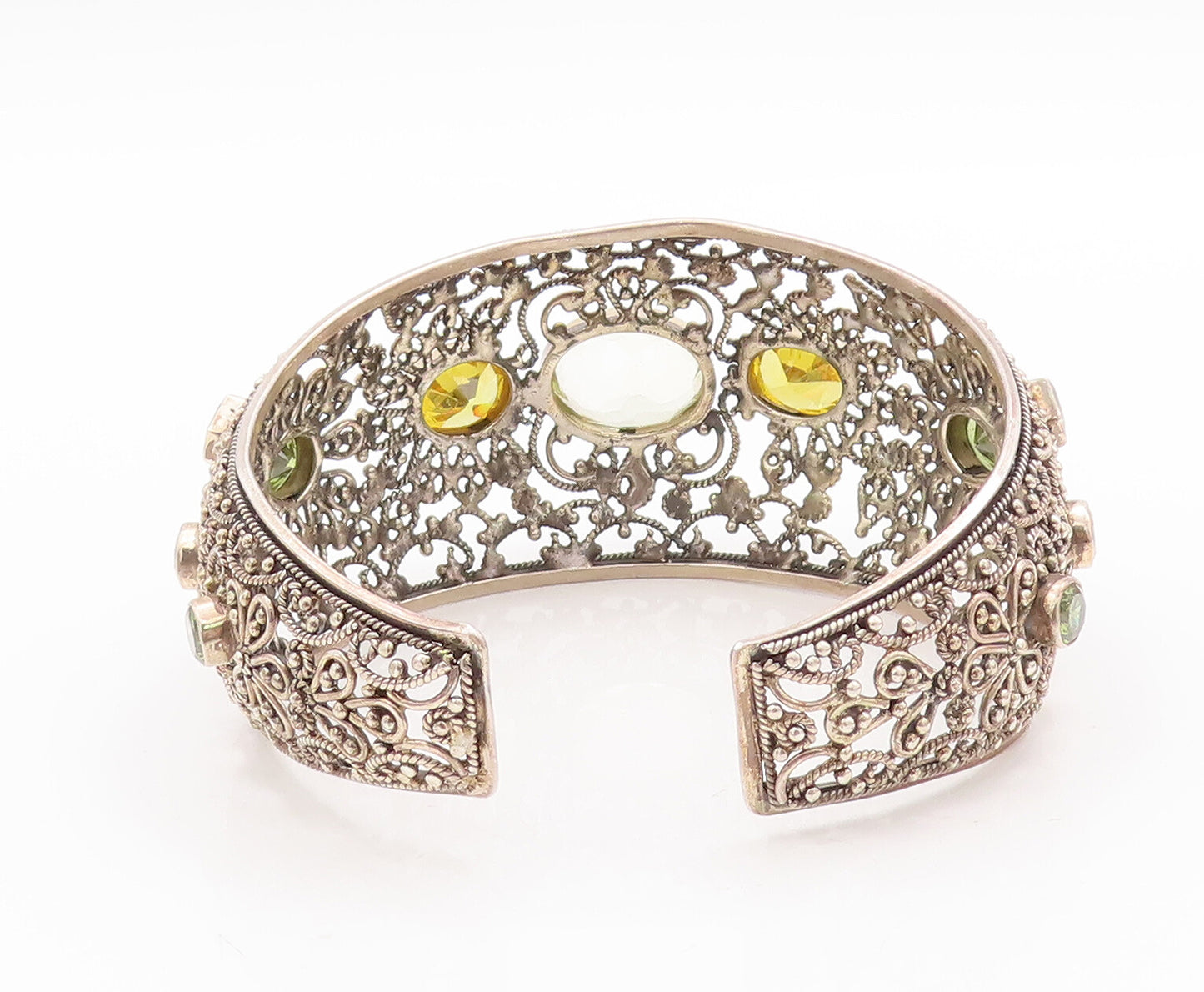 925 Sterling Silver Vintage Bracelet Floral Beaded Cutout Citrine Cuff  BT10556