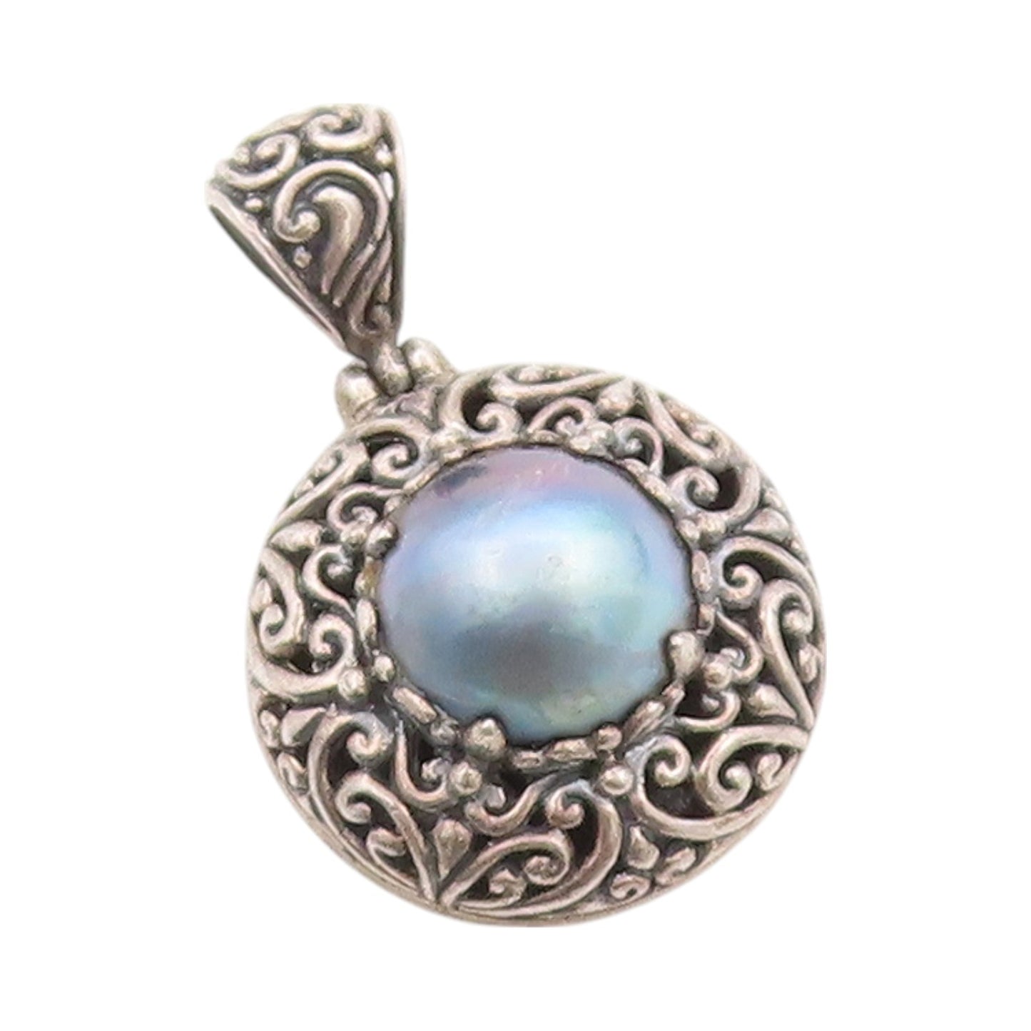 925 Sterling Silver Vintage Pendant Pearl Halo Dark Tone Swirls Carved  PT24104