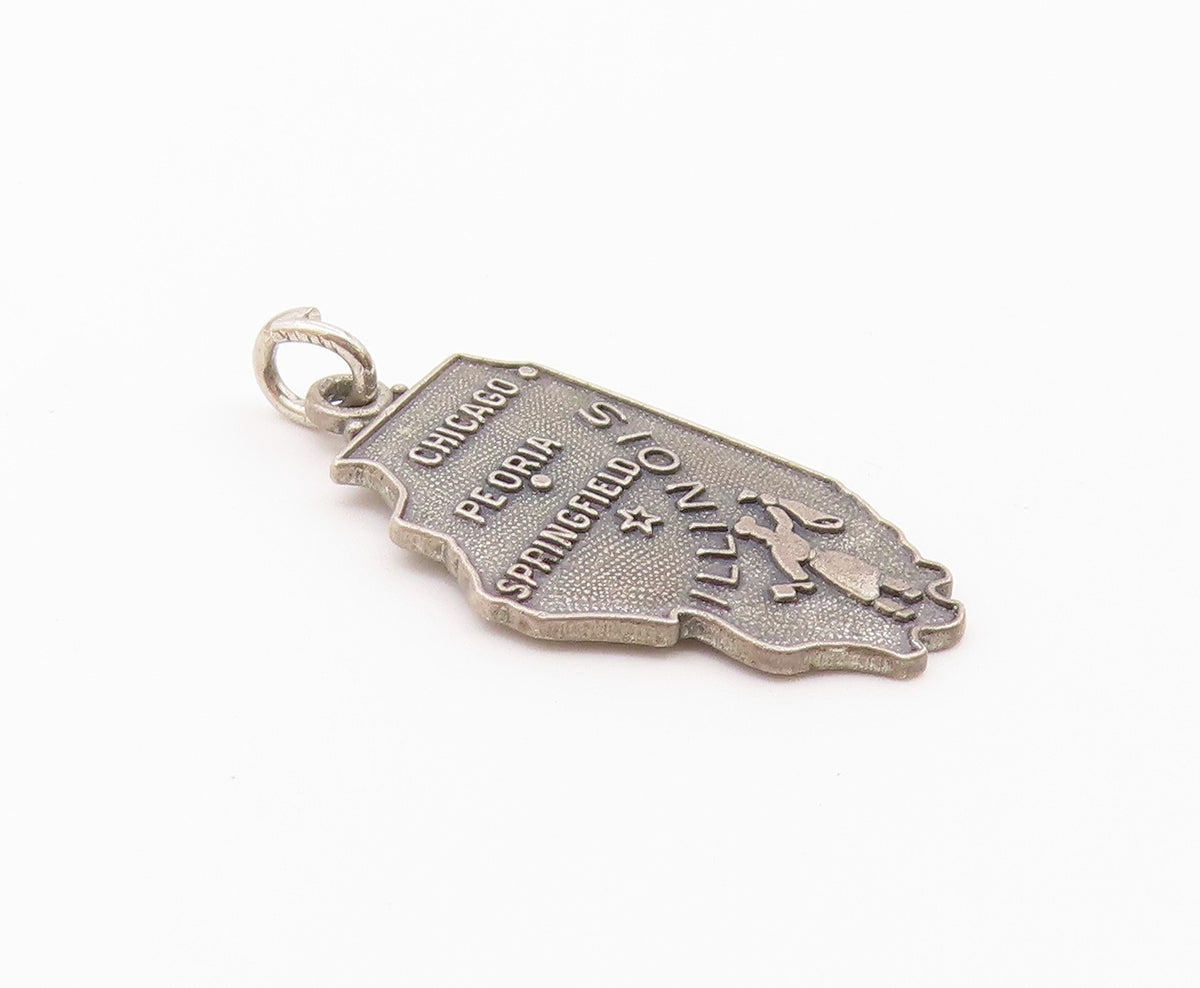 925 Sterling Silver  Vintage Dark Tone Illinois State Map Pendant  PT16320