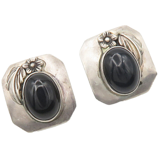 CAROL FELLEY 925 Silver  Vintage Black Onyx Floral Motif Drop Earrings  EG9220