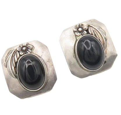 CAROL FELLEY 925 Silver  Vintage Black Onyx Floral Motif Drop Earrings  EG9220