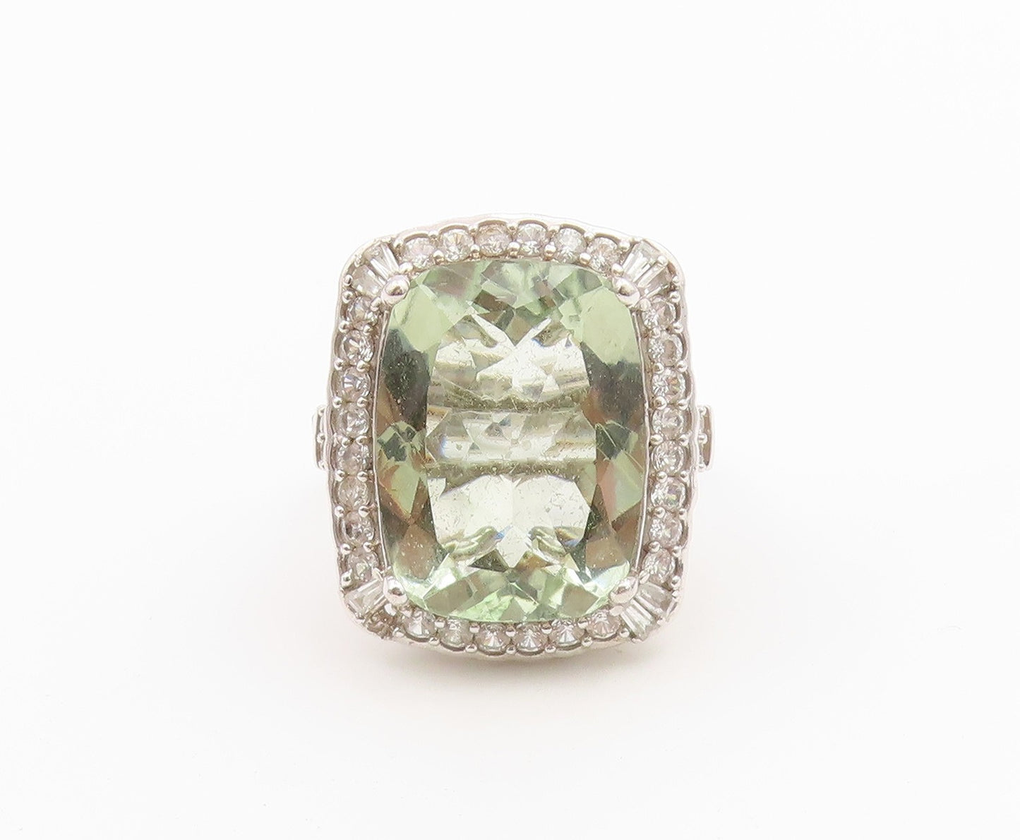 925 Sterling Silver Vintage Ring D'JOY Green Amethyst Halo Topaz  Sz 10  RG36492