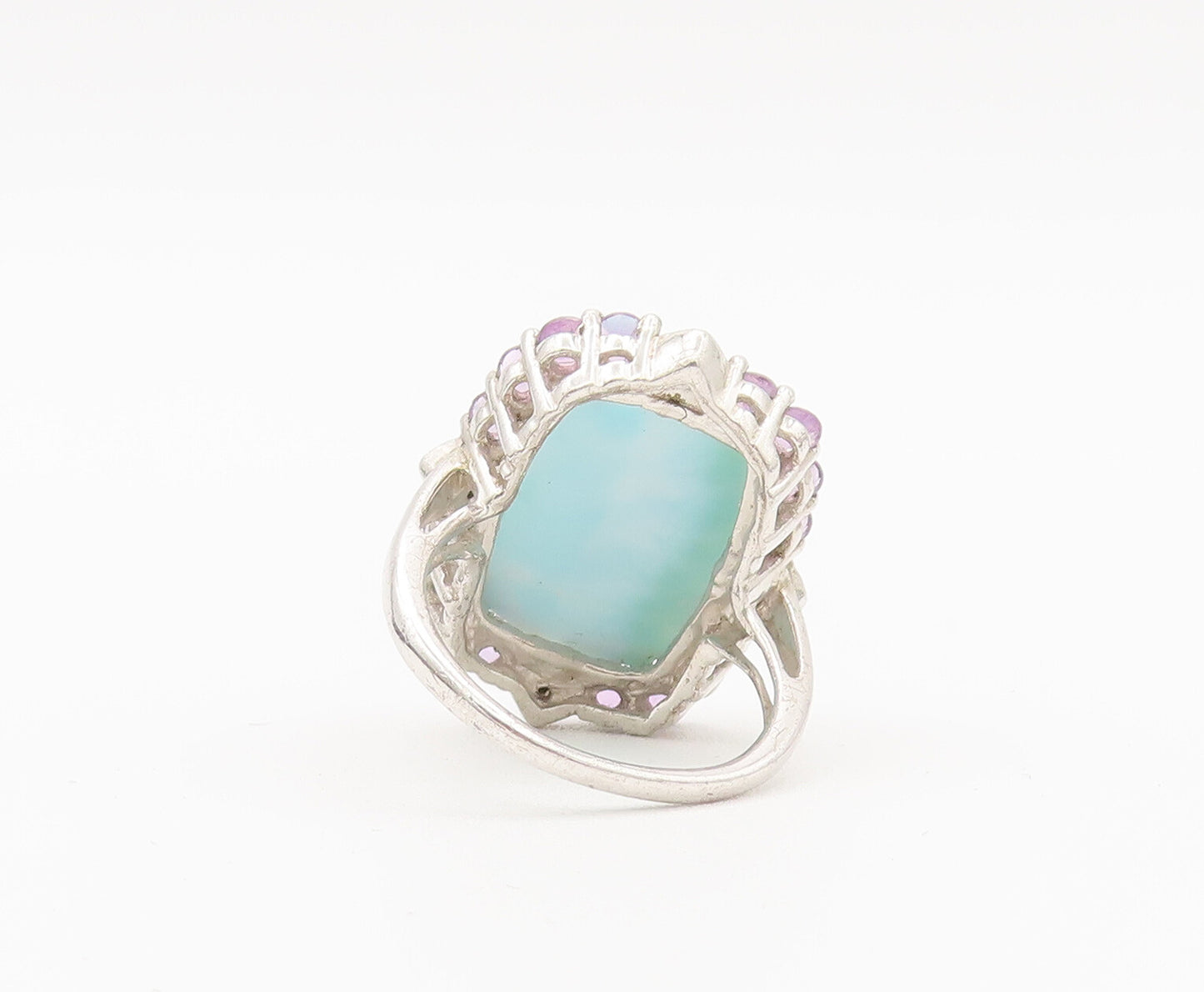 925 Sterling Silver Vintage Ring Larimar Halo Amethyst Sapphire Sz 6  RG27906