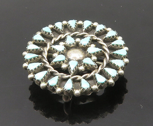 ZUNI 925 Silver - Vintage Turquoise Floral Motif Round Brooch Pin - BP8635