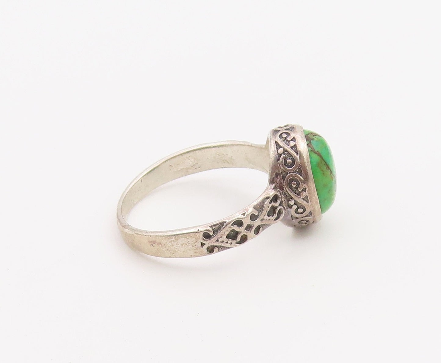 925 Sterling Silver Vintage Ring Cabochon Turquoise Scroll Band  Sz 7  RG36510