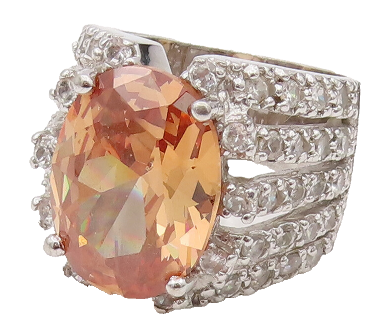 925 Silver  Vintage Large Champagne & Multi Threaded CZ Ring Sz 7  RG26527