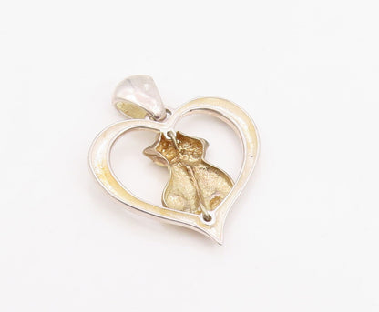 925 Sterling Silver Vintage Pendant Two Tone Cat Couple In Love Heart  PT25890