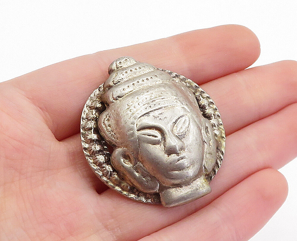 925 Sterling Silver  Vintage Antique Traditional Etched Face Brooch Pin BP1919