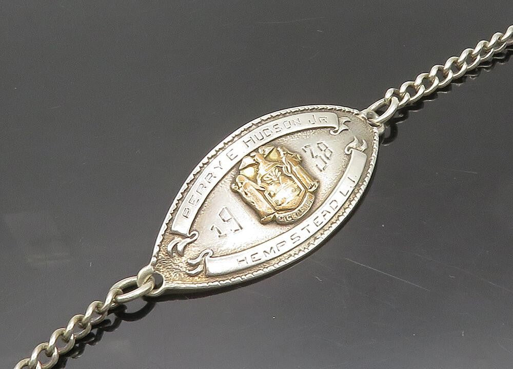 925 Silver & 14K GOLD  Vintage Antique 1938 Etched Name Chain Bracelet  BT7974