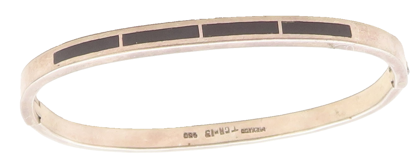 MEXICO 925 Sterling Silver Vintage Inlaid Black Onyx Oval Bangle Bracelet BT2021