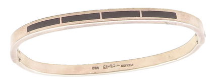 MEXICO 925 Sterling Silver Vintage Inlaid Black Onyx Oval Bangle Bracelet BT2021