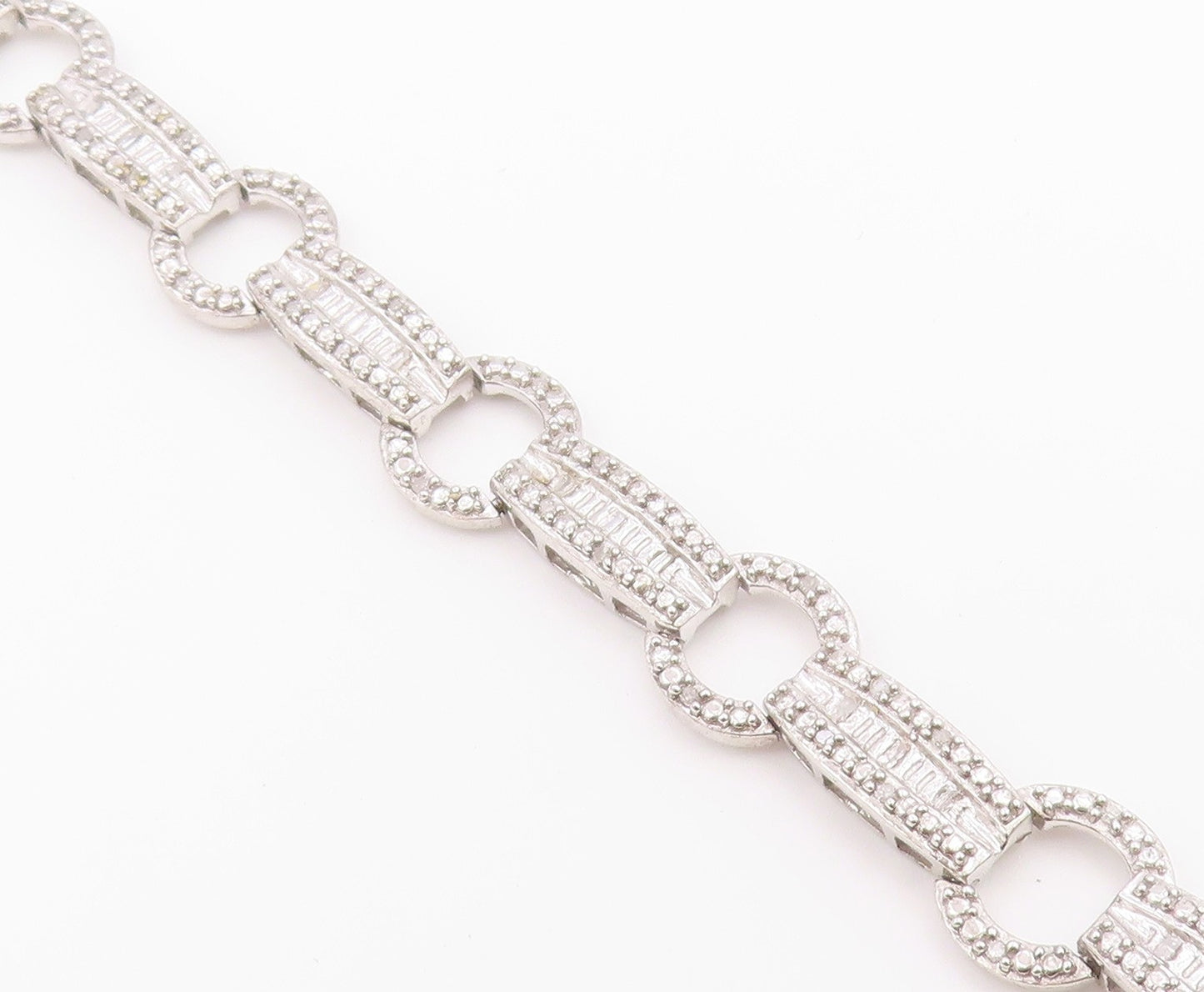 925 Sterling Silver Vintage Bracelet Real Diamonds Geometric Link Chain  BT12176
