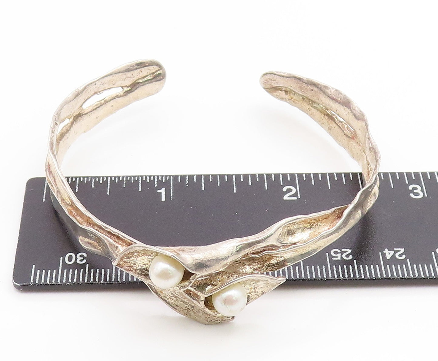 925 Sterling Silver Vintage Bracelet ISRAEL Pearl & Leaf Brutalist Cuff  BT11897