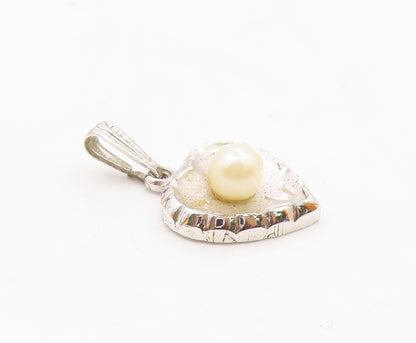 925 Sterling Silver  Vintage Cultured Pearl Concave Love Heart Pendant PT21154