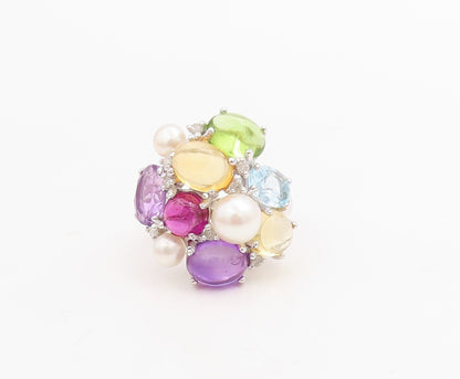 925 Sterling Silver Vintage Ring Brutalist Multi Gemstone Cluster  Sz 5  RG30710